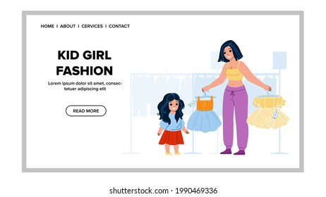 Niña Escogiendo Vestido De Moda En Vector De Tienda. La Niña Elige Ropa De Moda En La Tienda De Ropa, Una Vendedora Mostrando Vestuario De Moda. Ilustración de caricaturas planas de la web de compras de caracteres