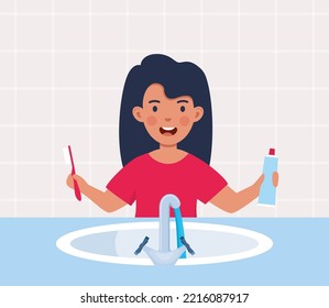 Kid girl cleaning teeth. Character caring for oral cavity stands with toothbrush and paste in front of sink. Hygiene and health care. Vector illustration