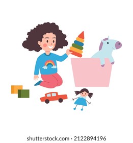 Kid Girl Collects Her Toys In Box And Cleans Up The House, Flat Cartoon Vector Illustration Isolated On White Background. Child Keeping The House Clean.