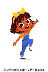 Kid girl dancing and jumping at party with happy face and smile, vector cartoon character. Young girl child dance and jump at music or birthday party, little dancer with happiness emotion and smile