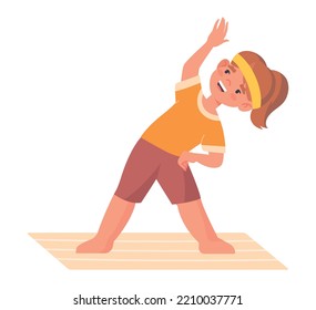 Kid girl doing yoga. Cute character stretches, trains. Active lifestyle and sports. Muscle strengthening and health care. Sticker for social networks and messengers. Cartoon flat vector illustration