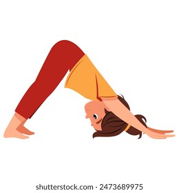 Kid girl doing yoga Downward Facing Dog, Adho Mukha Svanasana. Fitness concept. Flat illustration