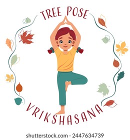 Niña haciendo posa de árbol de yoga Vrikshasana. Concepto de fitness. Ilustración vectorial plana sobre blanco