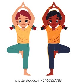 Kid girl doing yoga tree pose Vrikshasana. Fitness concept. Flat vector illustration on white This is a hand-made image, without the use of Artificial Intelligence