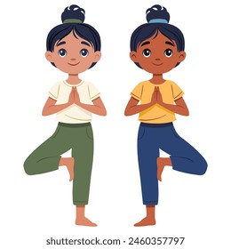 Kid girl doing yoga tree pose Vrikshasana. Fitness concept. Flat vector illustration on white This is a hand-made image, without the use of Artificial Intelligence