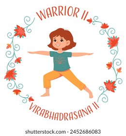 Kid girl doing yoga Warrior 2 or Virabhadrasana II. Fitness concept. Flat vector illustration