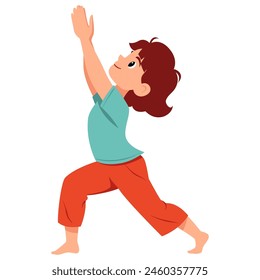 Niña haciendo yoga Warrior 1 o Virabhadrasana I. Concepto de fitness. Ilustración vectorial plana Esta es una Imagen hecha a mano, sin el uso de Inteligencia Artificial