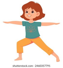 Kid girl doing yoga Warrior 2 or Virabhadrasana II. Fitness concept. Flat vector illustration This is a hand-made image, without the use of Artificial Intelligence