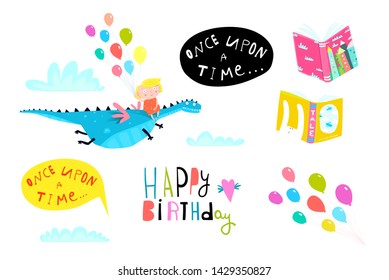 Kid Girl with Dragon and Balloons Birthday Graphic Elements. Kids design elements, books, happy birthday lettering, sky, dragon and a little girl. Vector cartoon.