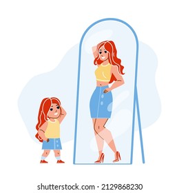 Kid Girl Dreaming Be Adult Woman In Mirror Vector. Child Looking At Mirror Reflection And Imagining For Be Beautiful Girl In Future. Character Preschooler Wishing Flat Cartoon Illustration