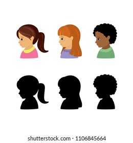 kid girl faces in profile and silhouettes,isolated characters,flat vector illustration