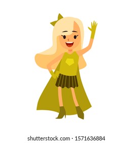Kid girl in green superhero costume standing raised one arm cartoon style, vector illustration isolated on white background. Child little girl dressed in cape and gloves with greeting gesture