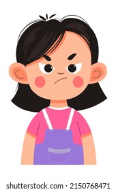 KId girl with grumpy expression on face, isolated female character toddler upset or angry. Annoyance or irritation of preschool or preteen. Non verbal communication, bad behavior. Vector in flat style