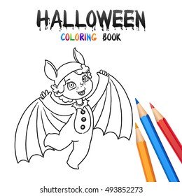 Kid Girl in Halloween Costume Flying Bat. Halloween Coloring Book. Illustration for children vector cartoon character isolated on white background. 