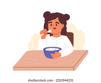 Kid girl having porridge on breakfast. Small child enjoy muesli with milk meal before school. Morning routine for children concept. Cartoon flat vector illustration