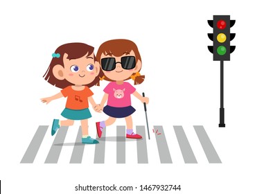 kid girl help blind friend cross road