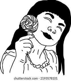 Kid Girl holding loly pop cartoon drawing, young girl holding candy doodle, Sketch drawing of hand holding lollipop, line art vector silhouette of girl holding sweet candy
