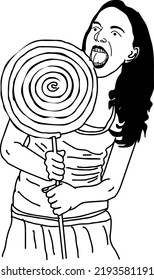 Kid Girl holding loly pop cartoon drawing, young girl holding candy doodle, Sketch drawing of hand holding lollipop, line art vector silhouette of girl holding sweet candy