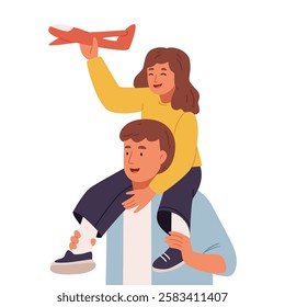 A kid girl is holding a plane and sitting on her dad's shoulders.