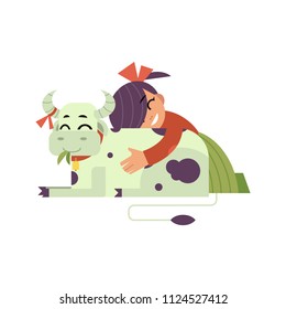 Kid girl hugging spotted cow with love - flat cartoon character of caucasian child embracing domestic farm animal isolated on white background. Vector illustration of caring for village animals.