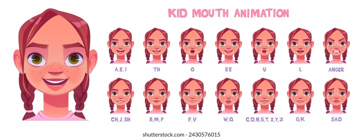 Kit de niña para la creación de animación de charla y emoción. Conjunto de vectores de dibujos animados de niña linda con coletas y diferentes posiciones de los labios durante la pronunciación de las letras del alfabeto inglés.