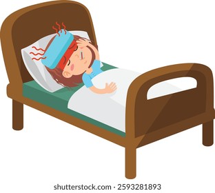 Kid Girl lying in bed with high fever