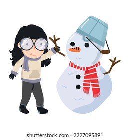 Kid Girl making snowman cartoon