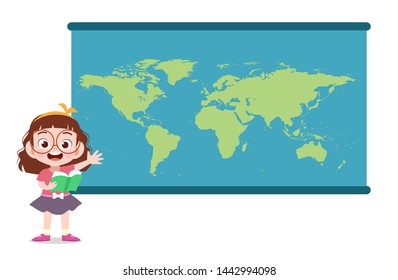 kid girl with map vector illustration