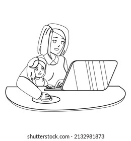 Kid Girl And Mother Using Laptop Together Black Line Pencil Drawing Vector. Woman With Daughter Reading Electronic Book Or Watching Online Movie On Laptop. Characters Family Enjoying Illustration
