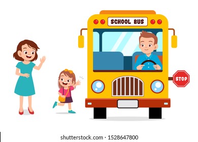 kid girl with mother wait school bus