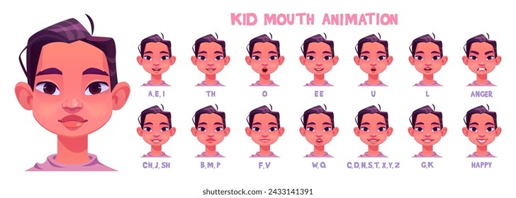 Kid girl mouth animation kit. Cartoon vector illustration set of female child avatar with various positions of lips and tongue during pronunciation of english alphabet. Talking character face.