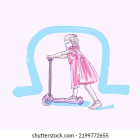 Kid girl on scooter, continuos line minimalist sketch, quick sketch with few colored sumi-e strokes, happy childhood concept