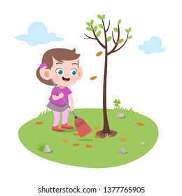 kid girl planting tree vector illustration