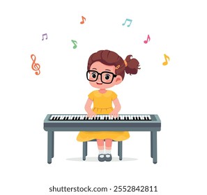  kid girl play piano and feeling happy