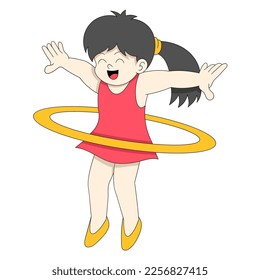 kid girl is playing hula hop happily. vector design illustration art