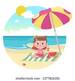 kid girl playing on the beach vector illustration
