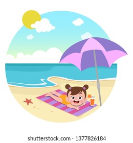 kid girl playing on the beach vector illustration