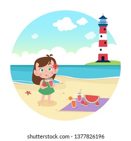 kid girl playing on the beach vector illustration