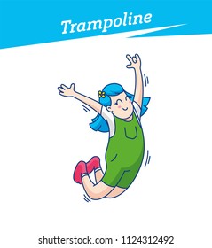 Kid, girl playing on trampoline in a fun park
Happy young girl jumping, wearing socks. Vector illustration