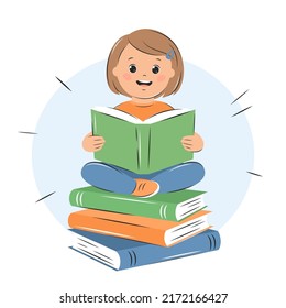 Kid girl reading book. Knowledge and education concept. Learning and literacy day. Vector illustration