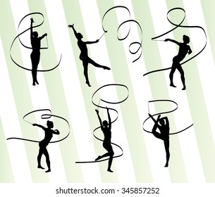 Kid girl with ribbon rhythmic gymnastics vector background set