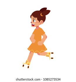 Kid girl roller skating isolated on white background - cartoon female child rollerblading for summertime activity and healthy lifestyle concept. Vector illustration of little active character.