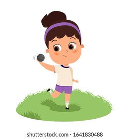 kid girl shot put on grass vector illustration. Sports games. Competitions. Competing in shot discus
