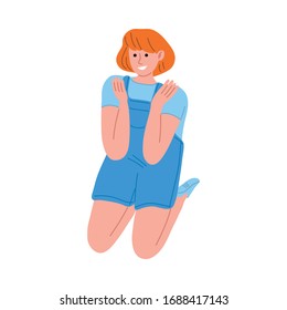 Kid girl sitting on floor and feeling happy vector illustration