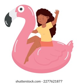 Kid girl sitting on pink flamingo float