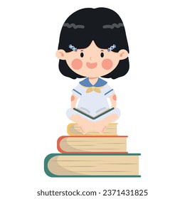 Kid girl sitting Stack of books 