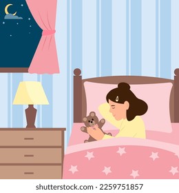 Kid girl sleep at night. Child  lying on a pillow and covered with a blanket. A window with moon. Sweet dream and healthy sleep. Vector Illustration.