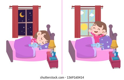 kid girl sleep wake up vector illustration