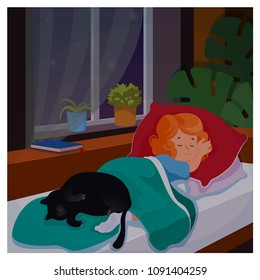 Kid girl sleeping in her bedromm wit cat at night. Cartoon vector illustration