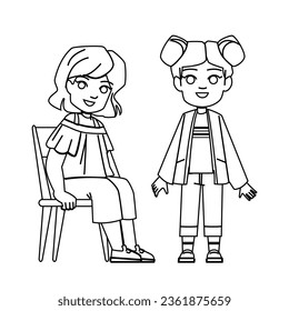 kid girl stand sit vector. child character, school study, student book learn, flat class kid girl stand sit character. people black line illustration